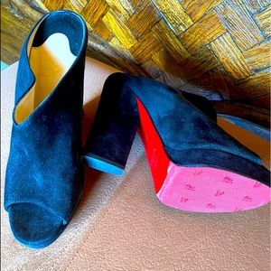 Louboutins Black block suede heels with platform.